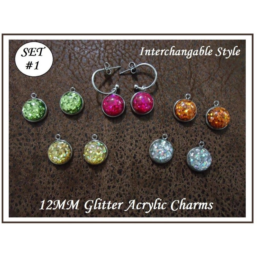 5/$20 Crystal Glitter Acrylic Interchangeable Charm Earrings-5 Pairs in Set